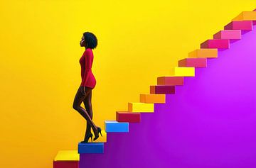 Vrouw beklimt vol zelfvertrouwen gekleurde trappen van Frank Heinz