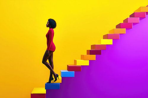 Vrouw beklimt vol zelfvertrouwen gekleurde trappen