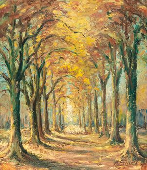 Herder met schaapskudde in de herfst - olieverfschilderij op doek.