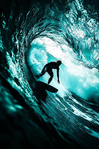 Surfer in grote blauwe golf