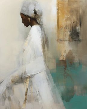 Modern portret in aardetinten met een vleugje goud en groen van Carla Van Iersel