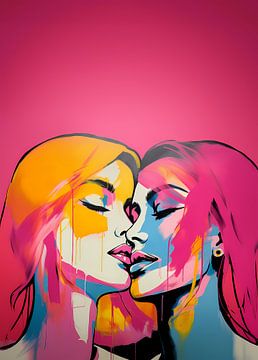 Pink Pop Art: Kissing Women by Surreal Media