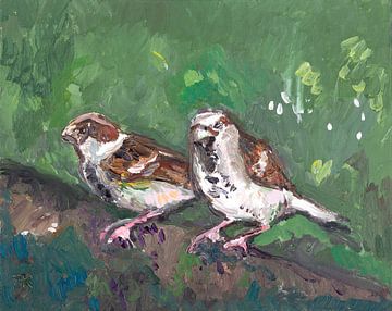 Two sparrows (green) by Tanja Koelemij
