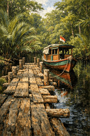 Traditioneller Holzsteg am Blackwater River – Regenwald von Kalimantan, Indonesien von Vínculae