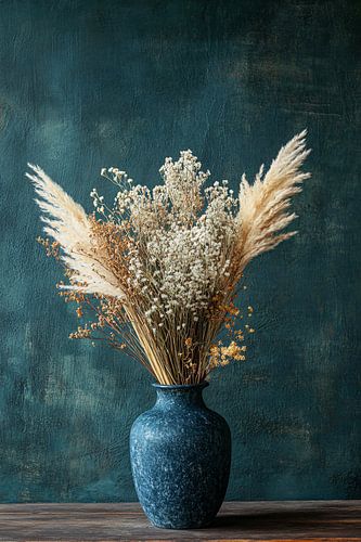 Blauwe vaas met droogbloemen