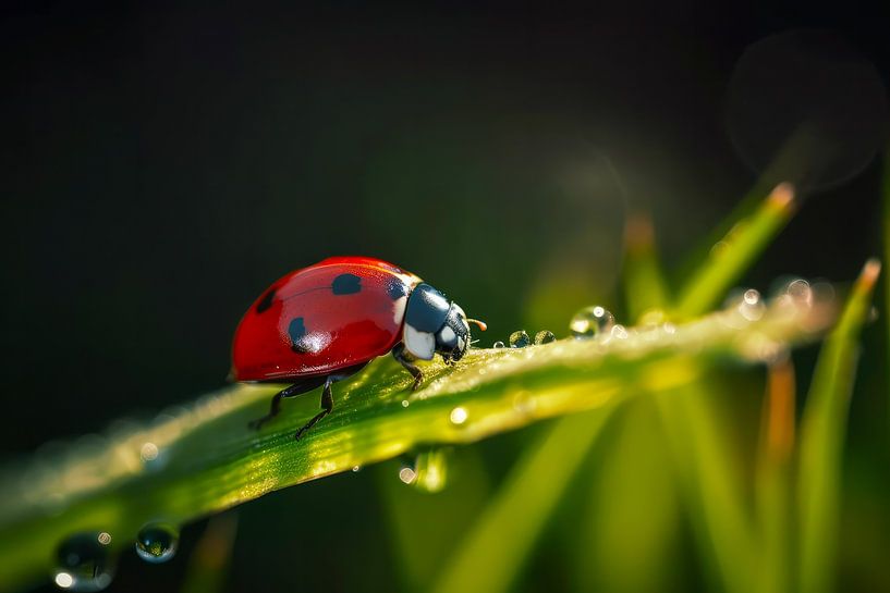 Ladybird on a blade of grass with dew. by Vlindertuin-Art