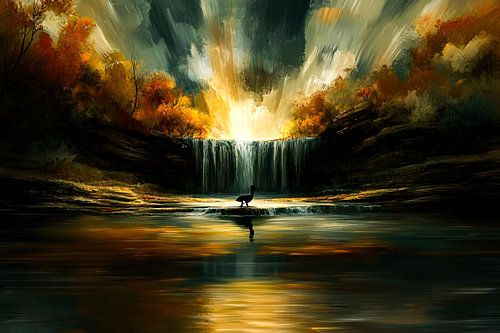 Cascade avec oiseau et lumière