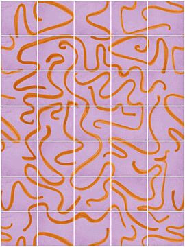 Modern en abstracte lijnen op een tegelpatroon, violet - oranje van Mijke Konijn