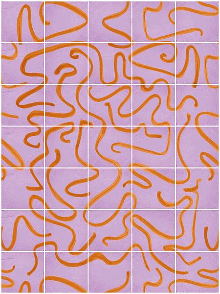 Moderne und abstrakte Linien auf einem Kachelmuster, lila - orange von Mijke Konijn