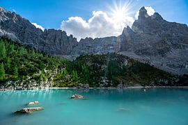 imposing mountain massif at the Lago del Sorapiss by Leo Schindzielorz