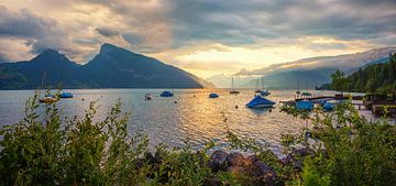 sunset scenery Faulensee harbor, lake Thunersee by SusaZoom
