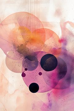 Graphic art in round abstract shapes in yellow, orange, purple and white