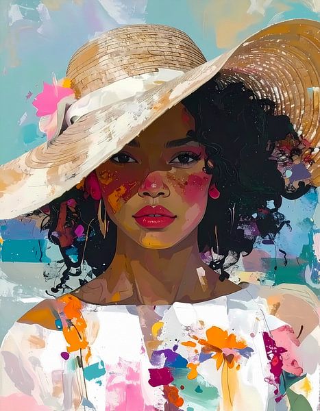 Zomers portrert Modern expressief - penseelstreken en abstracte kleurige vlakken van Emiel de Lange
