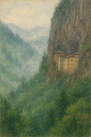 Sumela Monastery Cliffside Mist – Black Sea Turkey Impressionist Art by Travel Shop