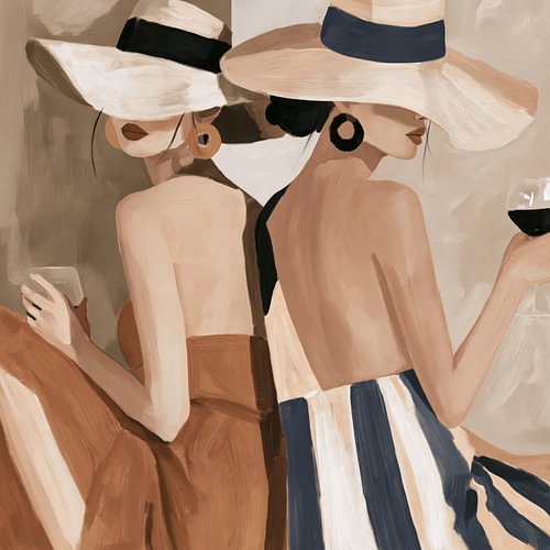 Porträt von zwei stilvollen Frauen und einem guten Glas Wein