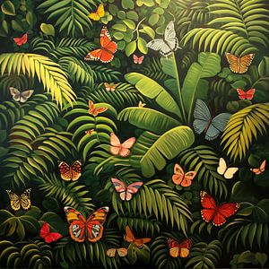Papillons colorés dans la jungle - Peinture dans le style d'Henri Rousseau