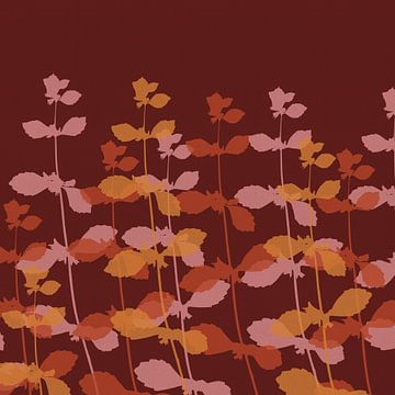 Blätter in Terra, Gelb, Rosa auf Weinrot. Herbstliche Botanik von Dina Dankers