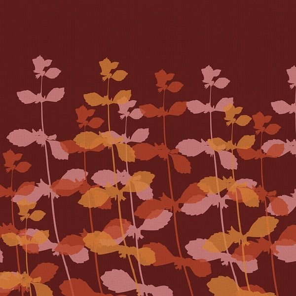 Blätter in Terra, Gelb, Rosa auf Weinrot. Herbstliche Botanik von Dina Dankers