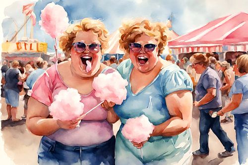2 gezellige dames op de kermis met een suikerspin