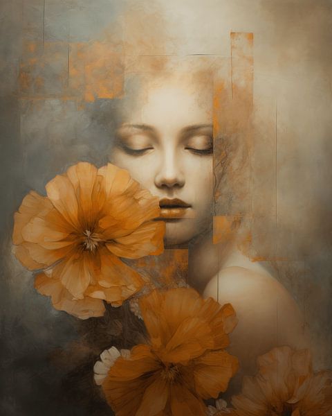 Portrait modern chic with orange flowers by Carla Van Iersel