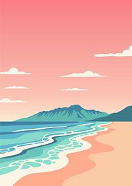 Illustration minimaliste et stylisée représentant le littoral d'une plage tropicale avec des montagnes sous un ciel rose. sur Adam Khabibi