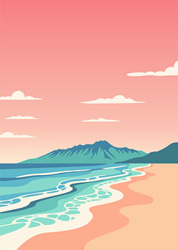 Minimalistische platte illustratie van een tropische strandkust met bergen onder een roze lucht.