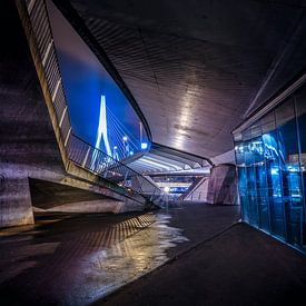 De Erasmusbrug gezien vanuit de Stad Rotterdam Nederland Holland in de avond met Stadverlichting van Bart Ros
