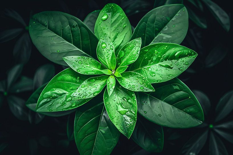 Vibrant green leaves with dewdrops by Imperial Art House