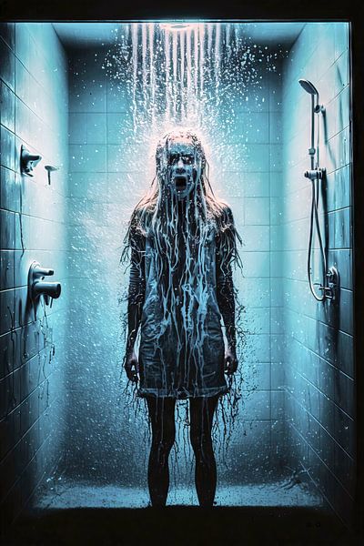 Girl in blue light shower by Frank Heinz
