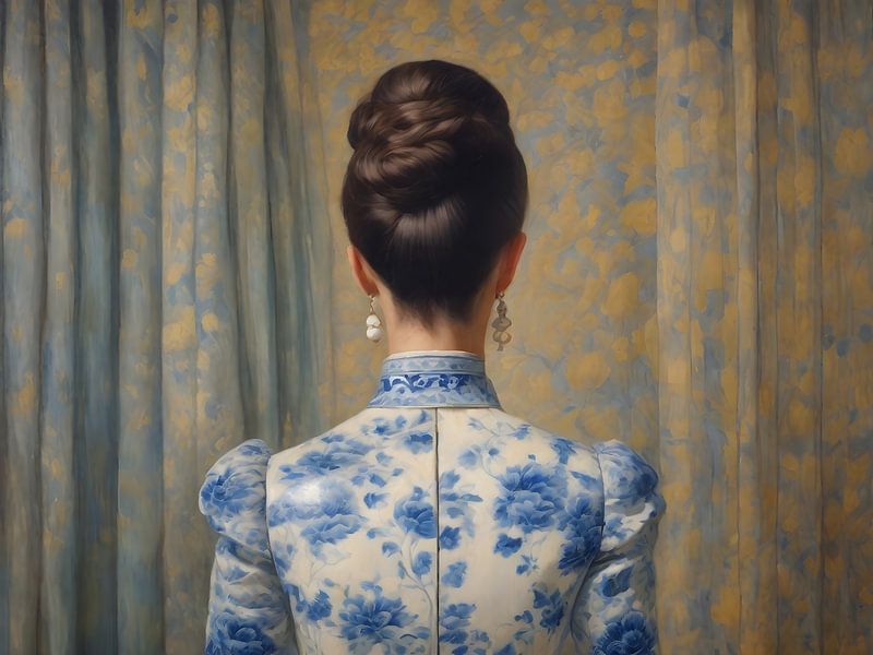 Porträt einer Dame in einem delfterblauen Kleid von Jolique Arte
