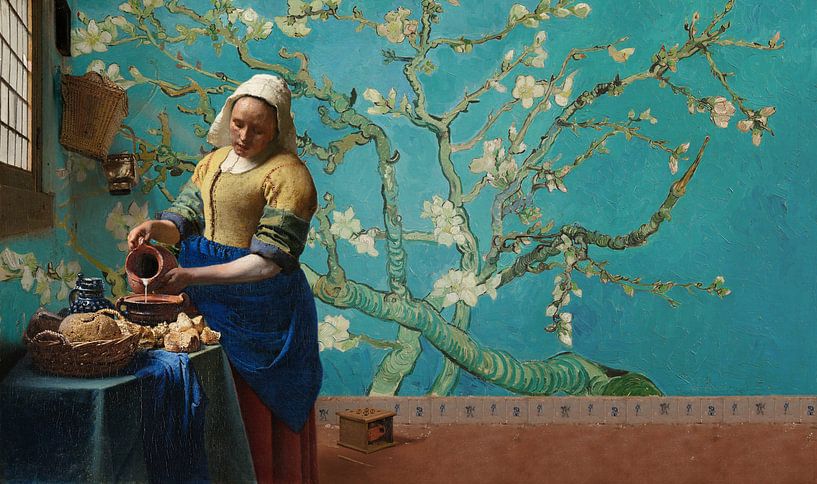 Melkmeisje van Vermeer met Amandel bloesem behang van Van Gogh van Lia  Morcus op canvas, behang en meer