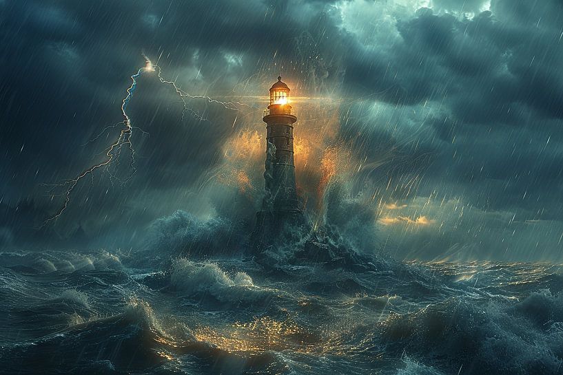Illuminated lighthouse on a stormy night with lightning by Poster Art Shop