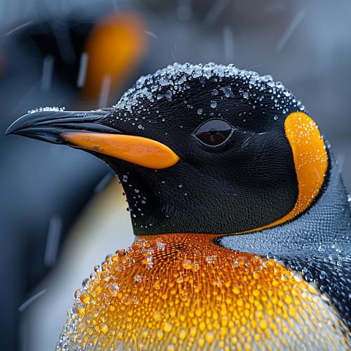 Gros plan sur un manchot royal sous la neige
