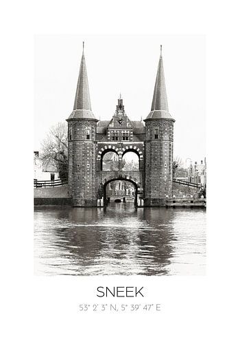 Sneek | Friesland | Grafische Zwart-Wit Poster met Coördinaten