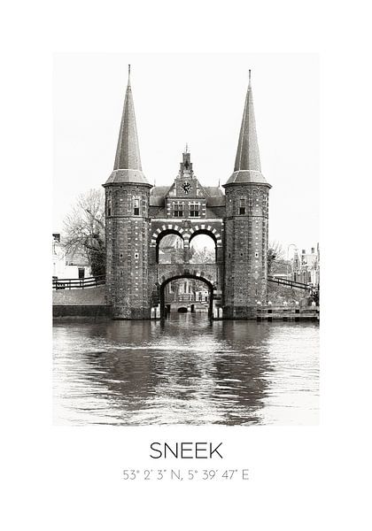 Sneek | Friesland | Graphic Black and White Poster with Coordinates by Laura Dijkslag
