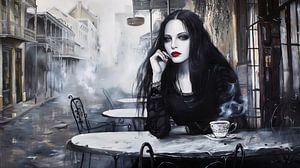 Nachdenkliche Frau im vintage Café