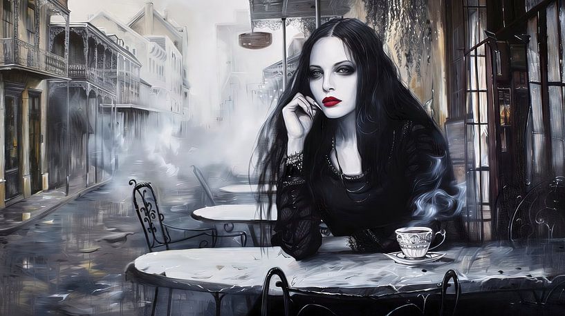 Thoughtful woman in a vintage café by Frank Heinz