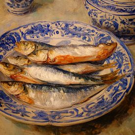 Sardines op Delftsblauw servies – klassiek stilleven met warme penseelstreken van But First Framing