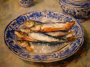 Sardinen auf delfterblauem Geschirr - klassisches Stillleben mit warmen Pinselstrichen