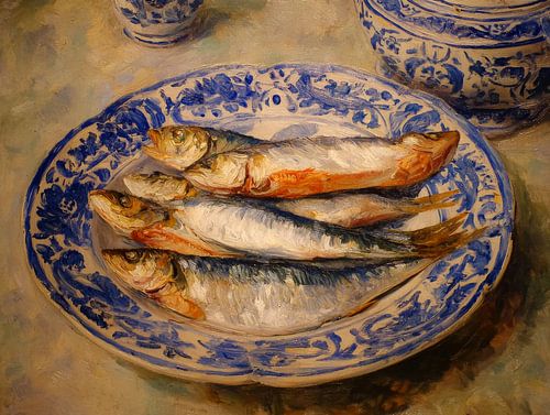 Sardines on Delft blue crockery - classic still life with warm brushstrokes