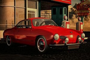 1959 Volkswagen Karmann Ghia mit Oldtimern Tankstelle