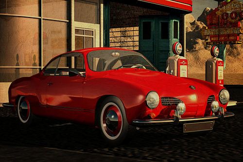 1959 Volkswagen Karmann Ghia met oldtimers Tankstation