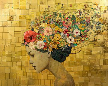 Vrouwenportret Goud | Petal Dreamer's Crown van Kunst Kriebels