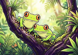 Two Cute Frogs on a Branch by Artkreator