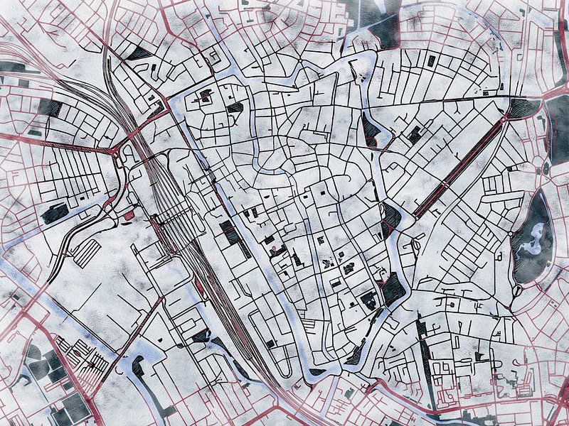Map of Utrecht centrum with the style 'White Winter' by Maporia