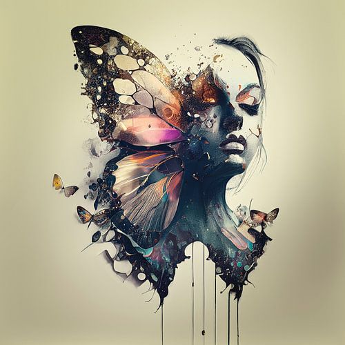 Portret van een jonge vrouw, gecombineerd met een vlinder.