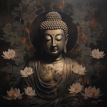 Buddha(boeddha) in bloemen donker van The Xclusive Art