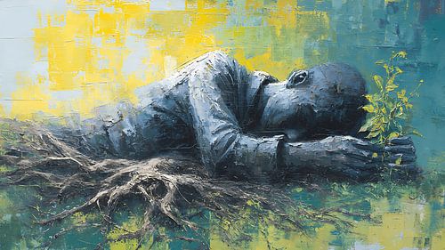Peinture acrylique abstraite et émotionnelle représentant un dormeur aux racines surréalistes