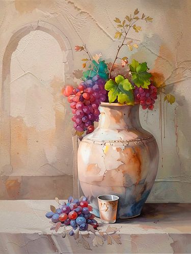 Romantisch stilleven: Aardewerk vaas met druiven