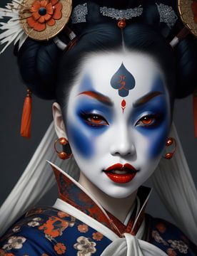 Geisha met extreme make up en traditioneel haar en hoofdtooi.